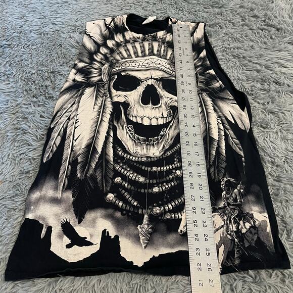 Y2K Native American Skull All Over Print Cut T-Shirt Size  M Black - Picture 3 of 5